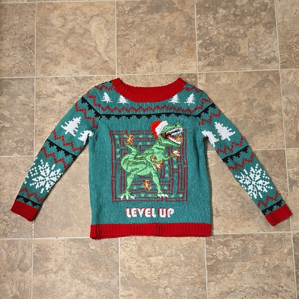 Boys Blizzard Bay Festive Dinosaur Sweater with Red Trim